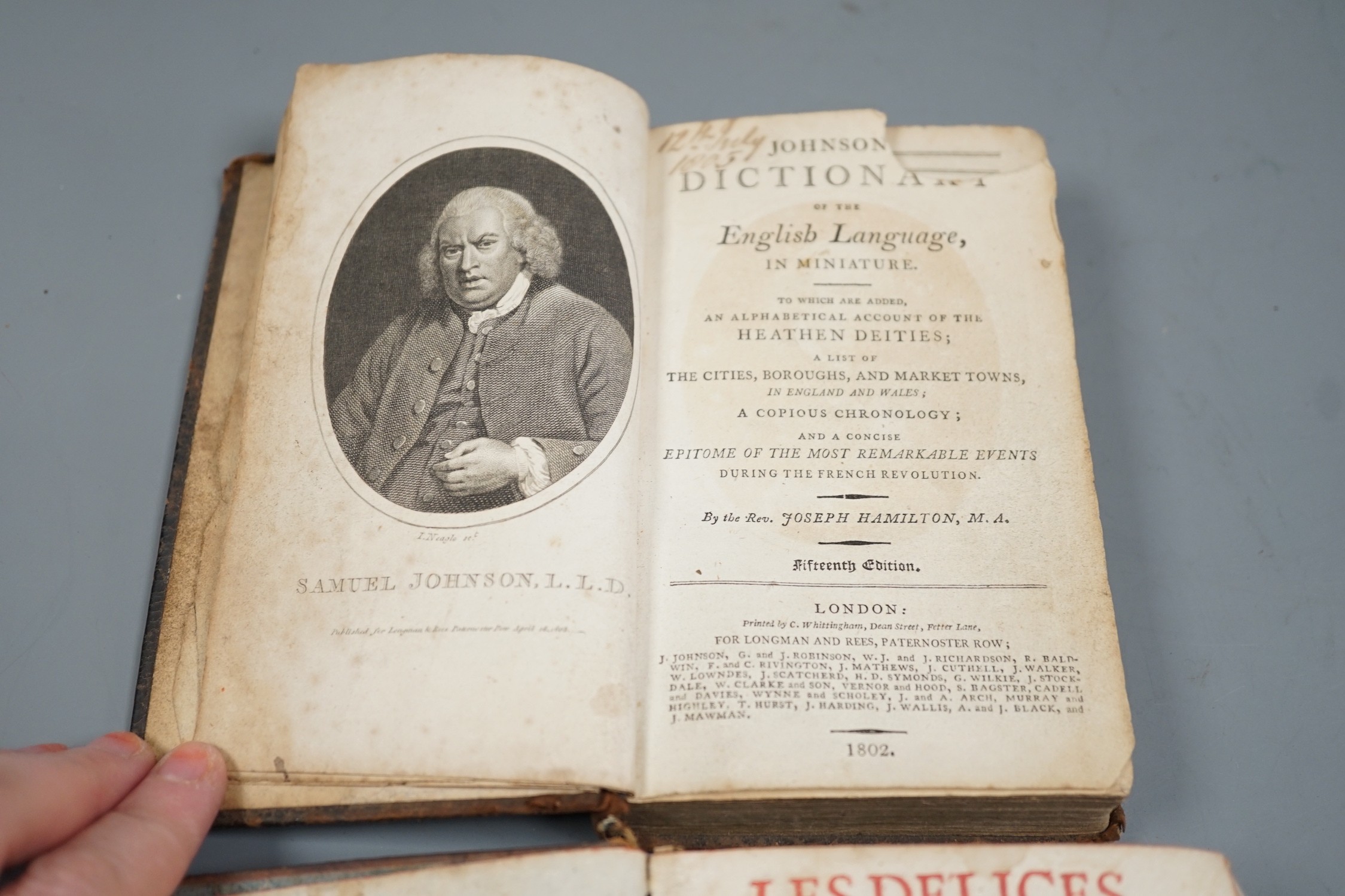 Two books - Delices de la France, 1728 and Johnson's Dictionary, 1802